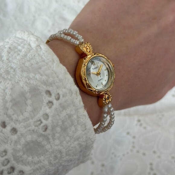 Sku0491 Retro Gold White Pearl Women‎ Fashion Round Watch Bracelet + gift bag main image 2